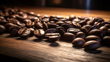 Fotobehang Roasted coffee beans on wood table © SITI