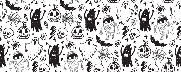 Halloween seamless pattern. Vector artwork background with holiday symbols of the day of the dead. Cute autumn design. Scary horror sketch art. Magic wallpaper illustration with ghost and pumpkin