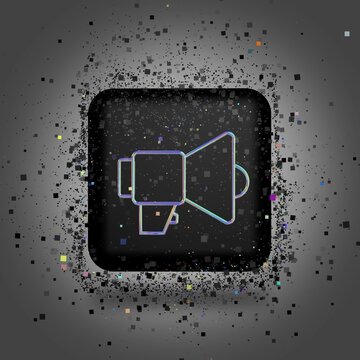 Speaker icon, a square 3D symbol in the form of a holographic image on a black cube made of a vortex of particles. 3d rendering. Icon design, 3000x3000 pixels