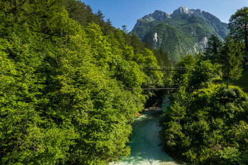 Fototapeta na wymiar Suspension bridge over alpine river in green forest, Slovenia. Aerial drone view