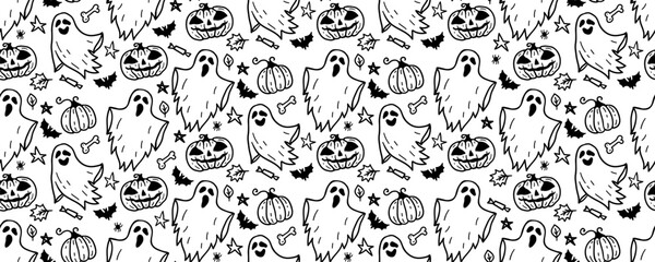 Halloween seamless pattern. Vector artwork background with holiday symbols of the day of the dead. Cute autumn design. Scary horror sketch art. Magic wallpaper illustration with ghost and pumpkin - 620253355