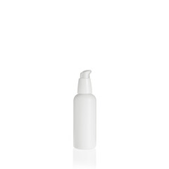 White cylindrical medium PEHD bottle container with white lotion pump on white background. Template of a bottle for cosmetics.