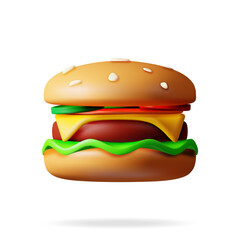 3D Tasty Burger Isolated on White. Render Burger Icon with Salted Cucumber, Salad, Tomato, Cheese, Sauce, Bun with Sesame Seeds and Beef Cutlet. Cheeseburger Fast Food. Realistic Vector Illustration.