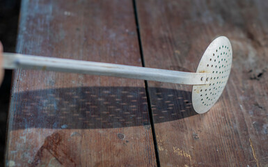 Vintage Perforated Skimmer Spoon: Antique Slotted Ladle, Old-fashioned Kitchen Utensil, Rustic...