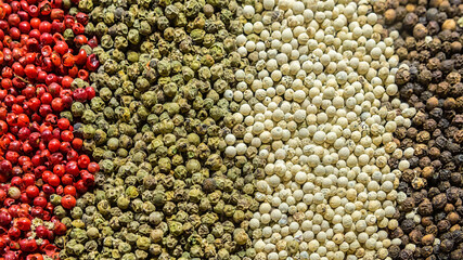 Asian colored dry peppers as background. Spice store at Egypt bazaar, Istanbul, Turkey. Oriental cooking and seasoning concept. Selected focus, banner, spices background