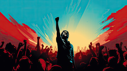 portrait of a man at a concert celebrating exuberantly with both hands up. creative illustration. Generative AI