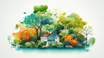 cozy house in summer with lots of green trees and plants growing around it. creative illustration. Generative AI