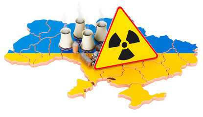 Nuclear power stations on Ukrainian map with radiation sign, 3D rendering