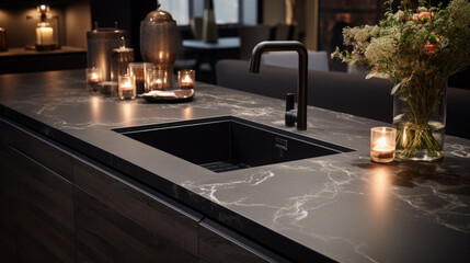 modern luxury kitchen. a faucet and sink with a dark countertop. Generative AI