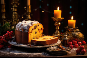 Obraz na płótnie Canvas Traditional panettone with christmas decoration on wooden table. typical christmas dessert