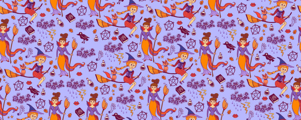 Vector artwork background with holiday symbols of the day of the dead. Halloween seamless pattern. Cute autumn design. Scary horror sketch art. Magic wallpaper illustration with ghost and pumpkin