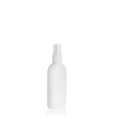 White elliptical medium PEHD bottle container with spray pump on white background. Packaging of antiseptic. Template of a bottle for cosmetics and medical products.