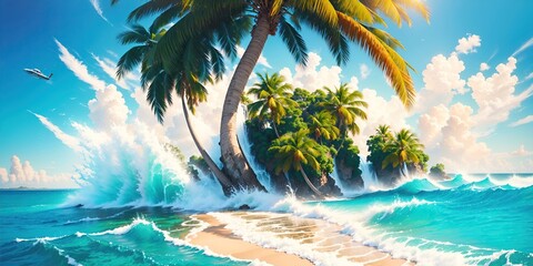Naklejka na ściany i meble Palm tree on the shore in turquoise sea waves.