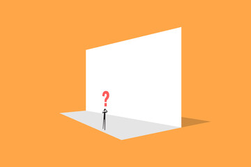 Obraz premium Confusing businessman blocked wall. Business decision making, career path, work direction or choose the right way to success