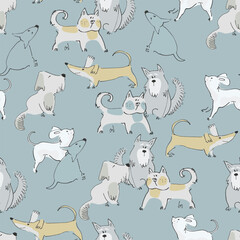 Seamless pattern with funny dogs playing. Perfect for kids. Bone, ball and terrier doodles on blue background