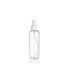 Transparent rounded cylindrical PET bottle container with spray pump on white background. Packaging of antiseptic. Template of a bottle for cosmetics and medical products.