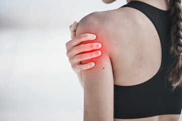 Woman, shoulder pain and exercise injury, red overlay and workout outdoor, fibromyalgia and back...