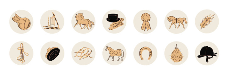 Horse riding icons for equestrian online shop, equine highlight covers for social media, horse sport illustration, outline style - obrazy, fototapety, plakaty