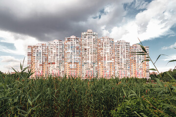 View of a modern building with green reeds in the foreground. Modern apartment on the background of a cloudy blue sky. Multi-apartment high-rise beautiful residential building.