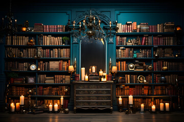 vintage studio photo backdrop with shelves full of books and candles