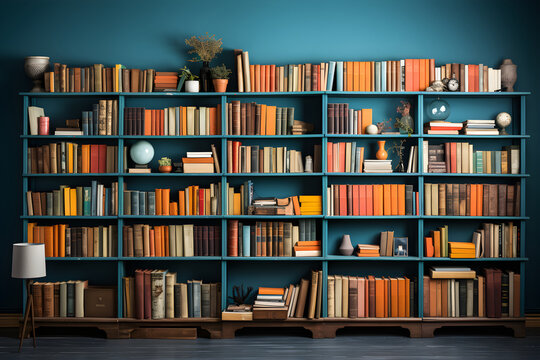 studio photo backdrop with shelves full of books