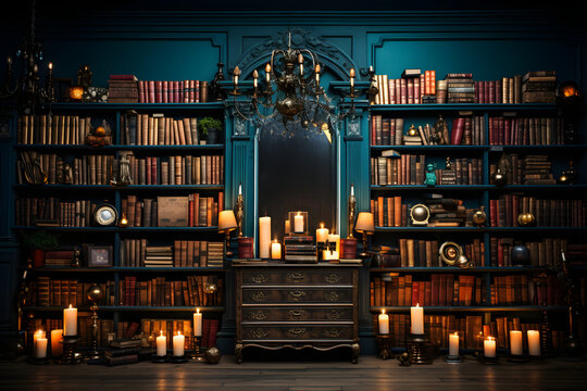 vintage studio photo backdrop with shelves full of books and candles