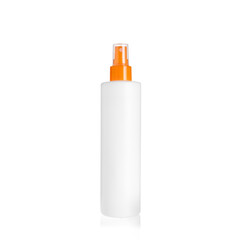 White cylindrical PEHD bottle container with orange spray pump. Packaging of antiseptic. Template of a bottle for cosmetics and medical products. Isolated on white background, copy space 