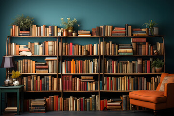vintage studio photo background with shelves full of books and a sofa