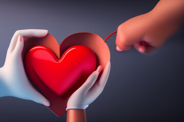 Helping hand of heart donor for patient in heart disease. Man give red heart to woman as couple. People lifestyle and couple romance. Healthcare and hospital medical concept. Symbolic of Valentine