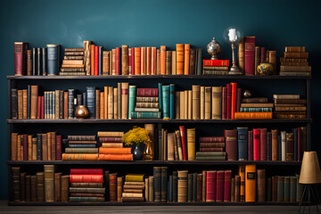 studio photo backdrop with shelves full of classic books