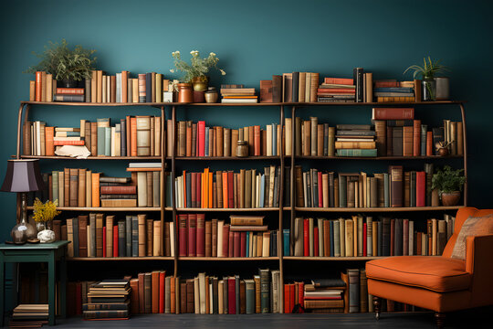 vintage studio photo background with shelves full of books and a sofa