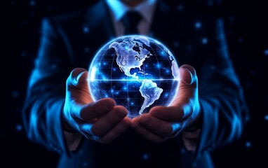 A man in a suit holding a glowing globe in his hands. AI