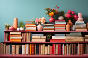wooden table background with beautiful arrangement of books and flower pots, pastel pink tones and sage green wall