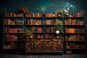 classic studio photo backdrop with shelves full of books