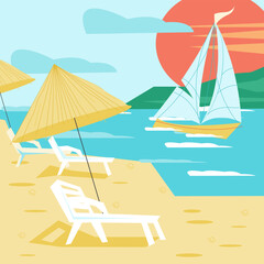 Summer poster or banner backdrop with beach seascape, flat vector illustration. Summer season background with seashore view.