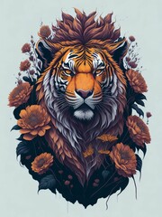 A detailed illustration of vintage tiger head, flowers splash, print, t-shirt design.  