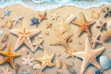 Beach sand with shell and starfish (Ai generated)