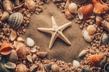 Fototapeta na wymiar Beach sand with shell and starfish (Ai generated)