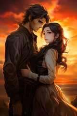 cute romantic young couple anime style at sunset