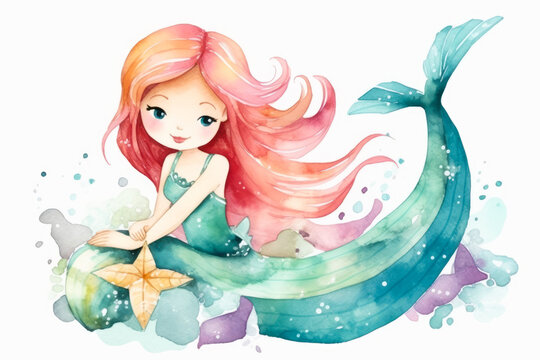 Cartoon character Mermaid, cute girl, illustration isolated on white background, watercolor style.