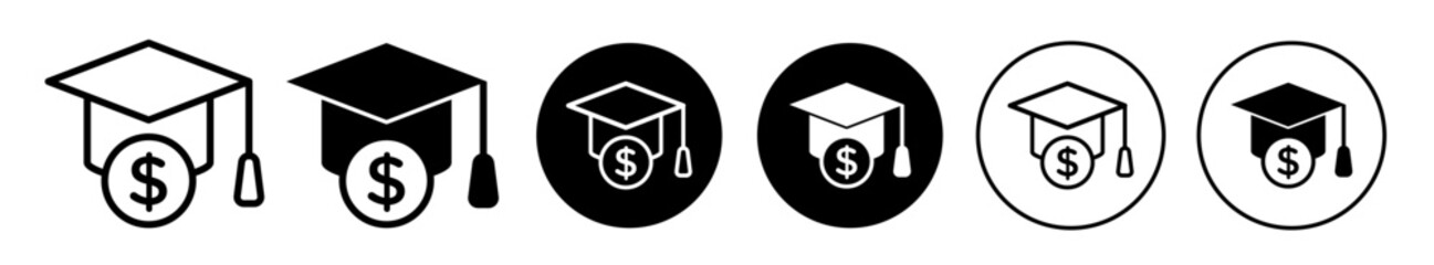 Scholarship icon set. Student education tuition grant vector symbol. College graduation financial scholarship or aid money icon set. Graduation cap with dollar symbol.