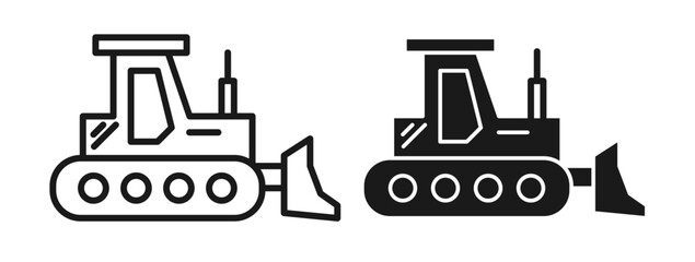 Construction bulldozer vector icon set in black color. - obrazy, fototapety, plakaty