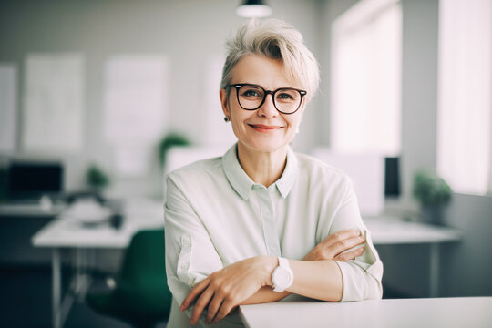 Beautiful middle-aged financial business woman executive, wearing glasses, with gray hair, looks at the camera and smiles