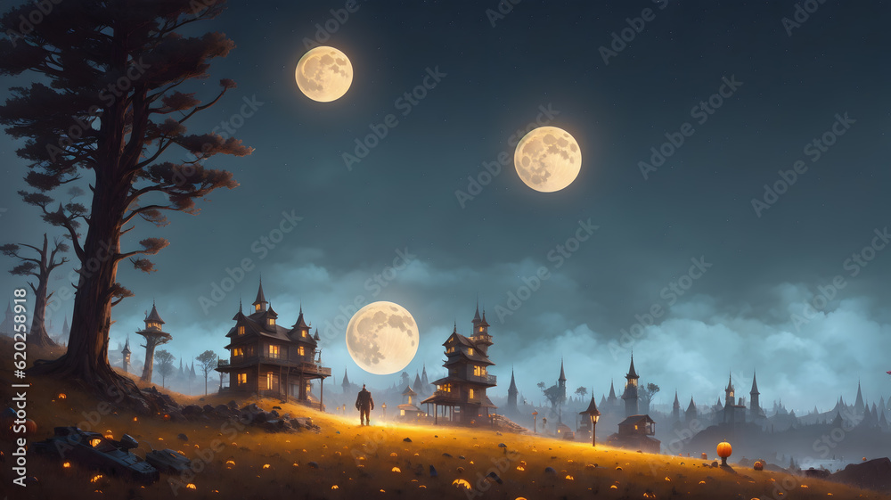 Canvas Prints a painting of a man standing in front of a full moon