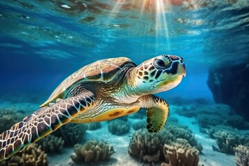 Naklejka na ściany i meble Turtle swimming in the Ocean (Ai generated)