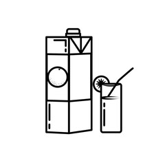 Juice packaging with a glass. Natural fresh orange juice in a glass. Orange slice, tube for drinking. Healthy organic food. Citrus fruit. Vector illustration in doodle style