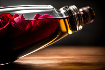 A Close Up Of A Bottle Of Wine With A Rose In It