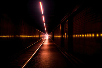 A Train Track Going Through A Tunnel At Night