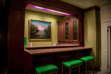 Fototapeta premium A Painting On A Wall Above A Bar With Stools