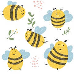 drawing multicolored watercolor bees and flowers summer